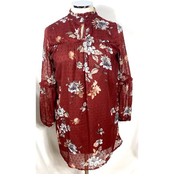 Japna Womens Mini Dress Sz M Brown Floral Swiss Dot Fully Lined - Picture 2 of 6